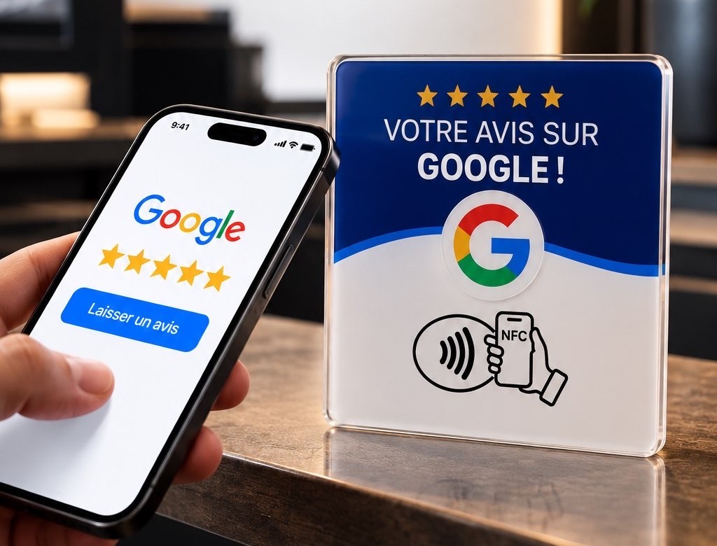 La plaque d’avis Google Proklyk sur un comptoir